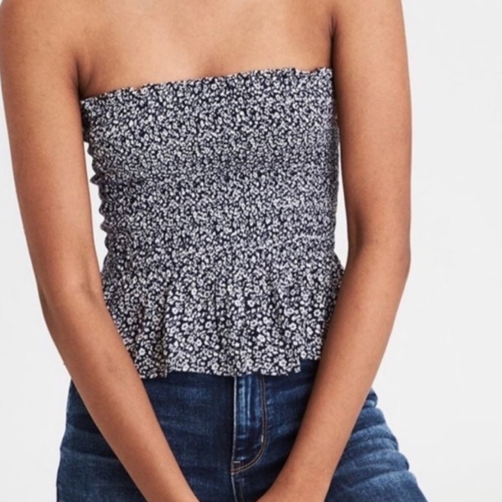 American Eagle Navy & White Floral Print Smocked Peplum Tube Top - Large